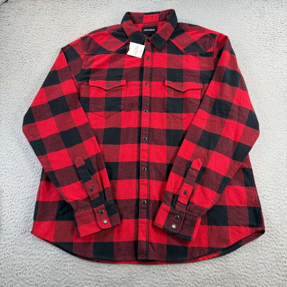 Lucky Brand Pearl Snap Flannel Shirt Men Large Red Black Buffalo Plaid Western